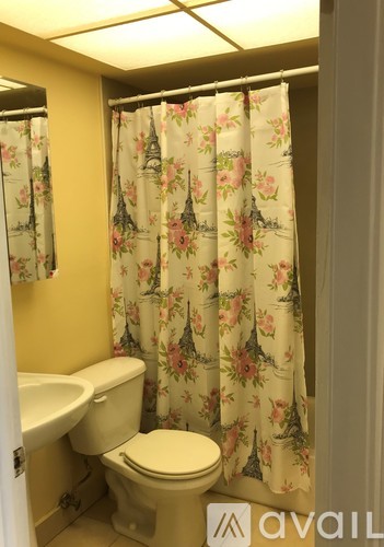 A bathroom with a toilet, sink, and floral shower curtain.
