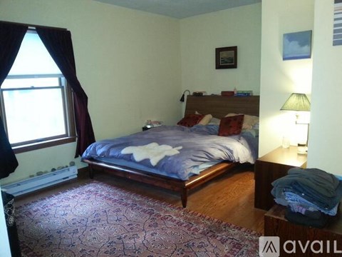 A bedroom with a bed, a window with curtains, a lamp, and a rug.