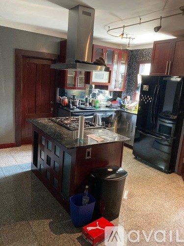 A kitchen with a black fridge and a black trash can.
