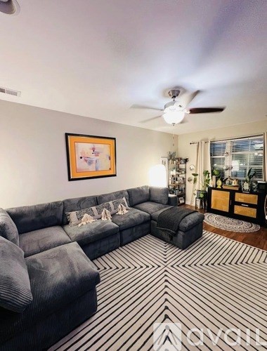 A living room with a grey sofa and a striped rug.