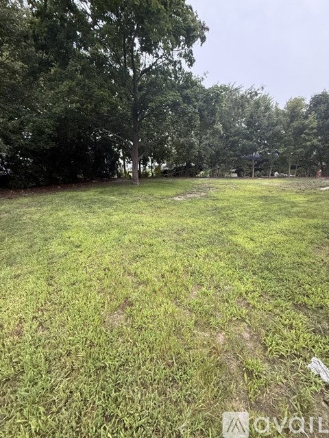 A grassy field with trees in the background.