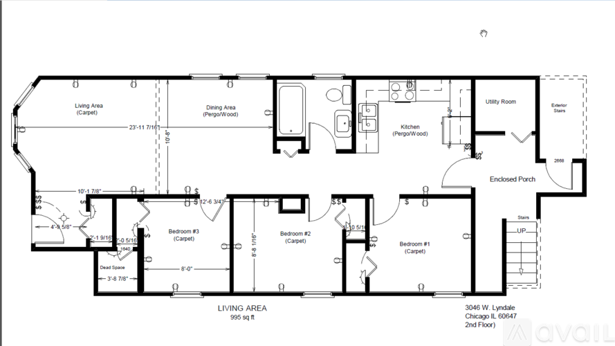 A floor plan of a 3046 square foot home with three bedrooms and two bathrooms.