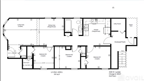 A floor plan of a 3046 square foot home with three bedrooms and two bathrooms.