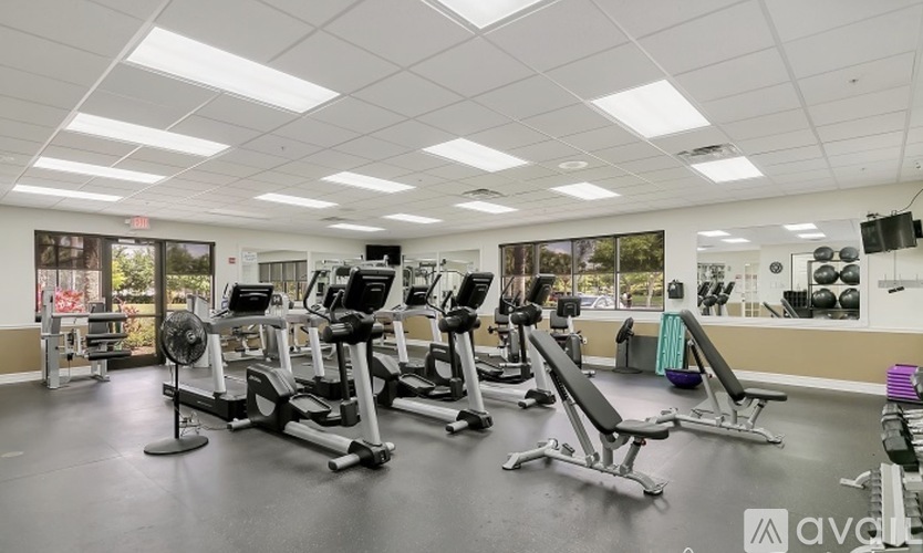 A gym with a variety of equipment including treadmills, weights, and a fan.