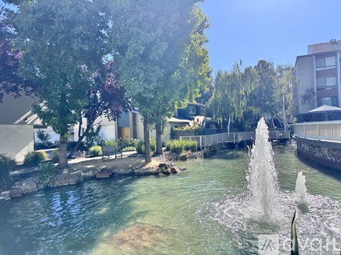 A fountain in the middle of a pond surrounded by trees and buildings.