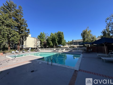 A pool surrounded by trees and a building in the background.