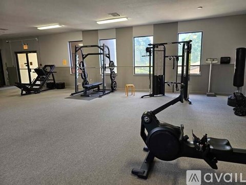 A gym with a variety of equipment including a rowing machine.