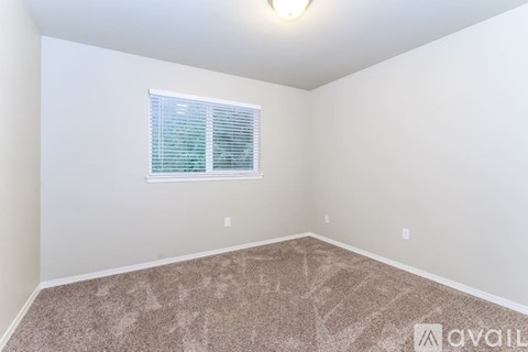 A room with a carpeted floor and a window with blinds.