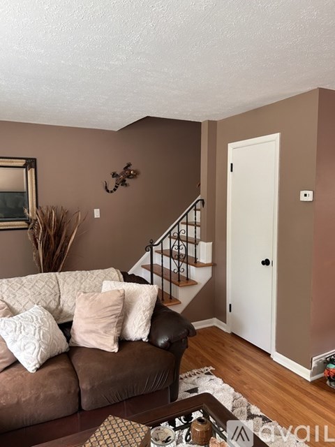 A living room with a brown couch and a white door.