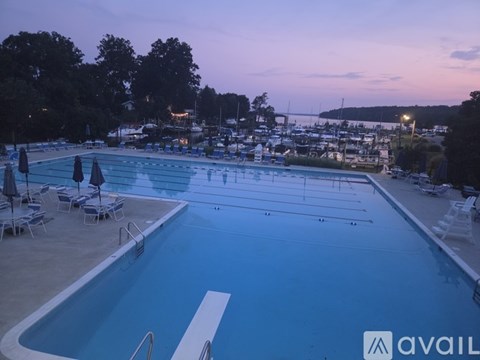 A large swimming pool with lounge chairs and umbrellas is surrounded by trees and a marina in the background.