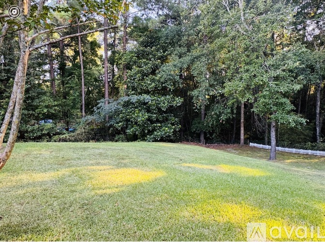 A grassy area with trees in the background and a bench on the right side.