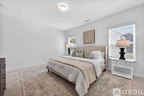 A bedroom with a large bed and a rug on the floor.