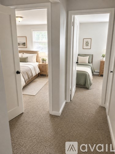 A bedroom with two beds and a carpeted floor.