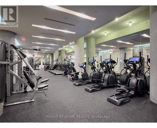 A gym with a variety of equipment including treadmills, stationary bikes, and weight machines.