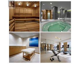 A collage of four images showing a sauna, a hot tub, a massage table, and a gym.
