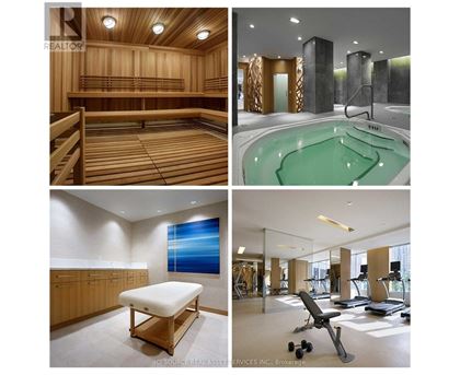A collage of four images showing a sauna, a hot tub, a massage table, and a gym.