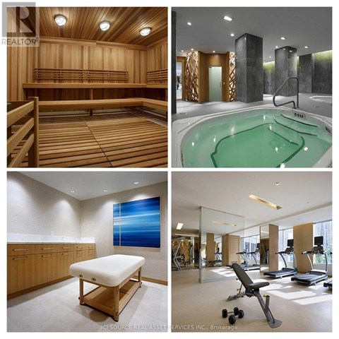 A collage of four images showing a sauna, a hot tub, a massage table, and a gym.