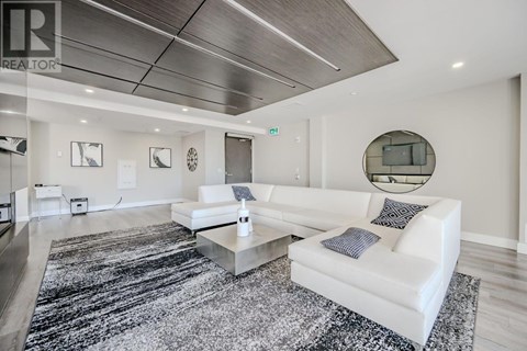 A modern living room with a white sofa and a black and white rug.