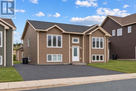 A brown house with a white door and windows is surrounded by a grassy area and other houses.