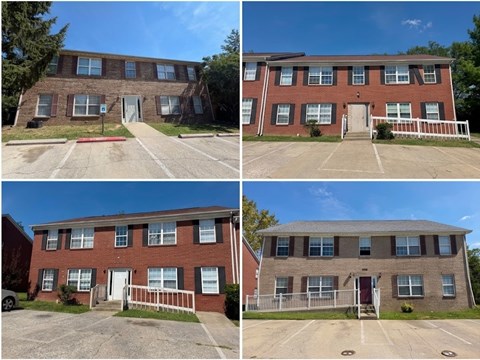 The image shows four different views of a red brick building with white windows and doors.