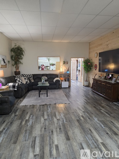 A living room with a grey couch and a wooden floor.