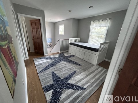 A room with a star-shaped rug on the floor.