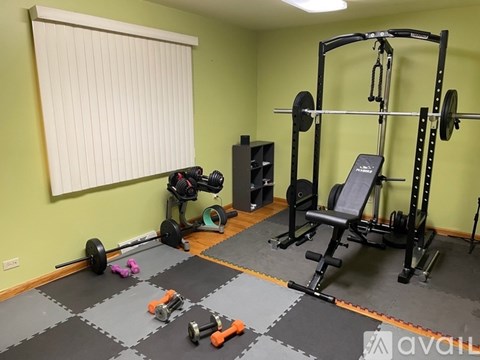 A home gym with a squat rack, dumbbells, and a bench.
