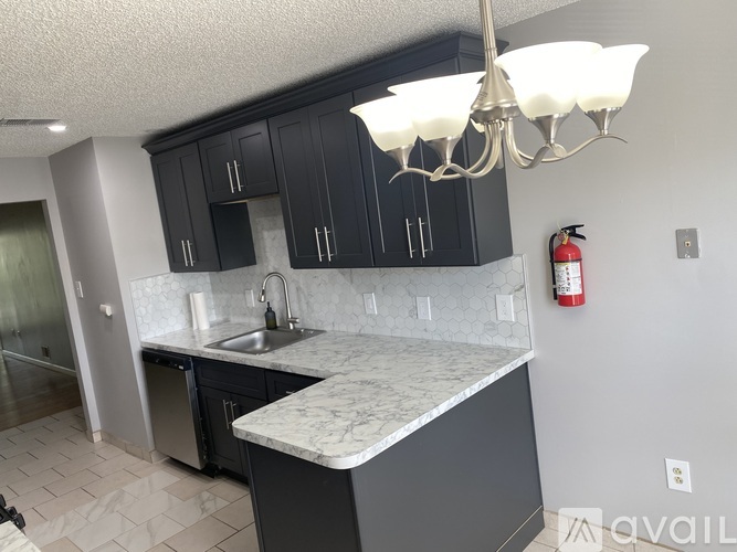 A kitchen with a marble countertop and black cabinets.