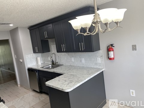 A kitchen with a marble countertop and black cabinets.