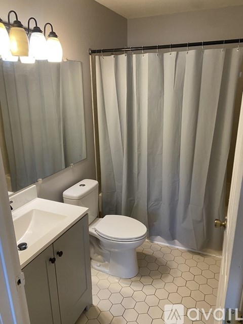 A bathroom with a toilet, sink, and shower curtain.
