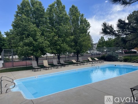 A pool surrounded by trees and chairs.