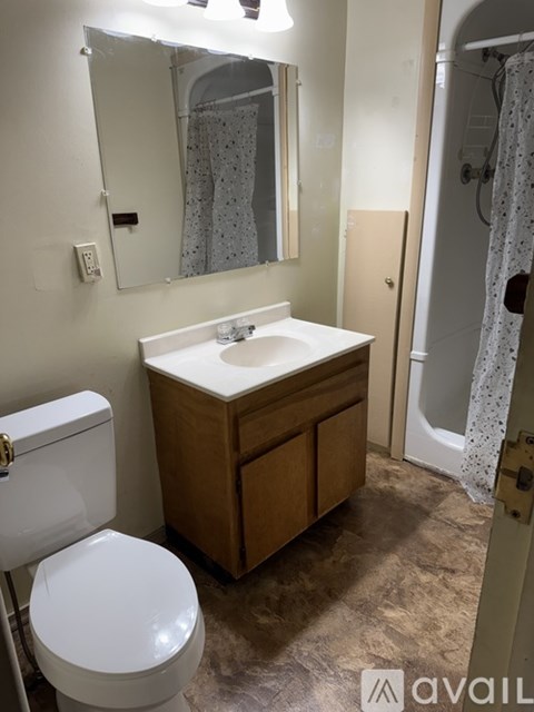 A bathroom with a toilet, sink, and mirror.