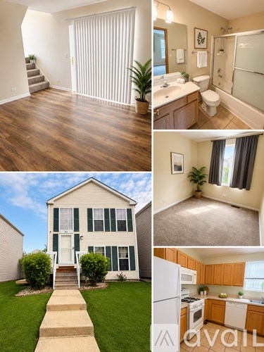 A collage of images showcasing different rooms of a house including a living room, kitchen, and bathroom.