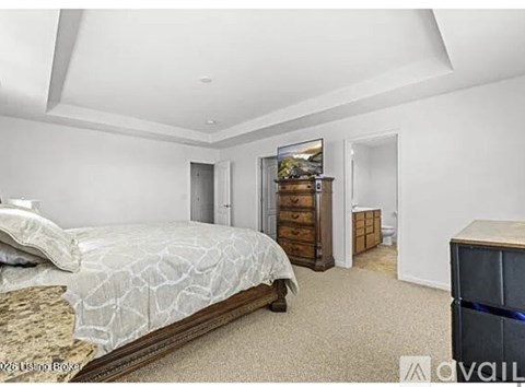 A bedroom with a large bed and a wooden dresser.