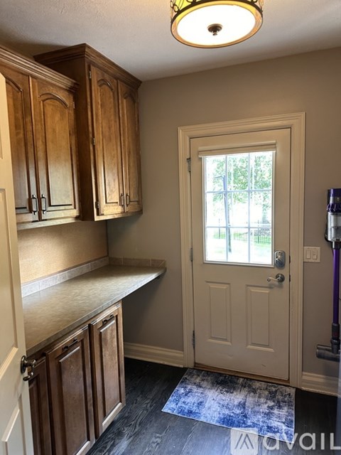 A kitchen with wooden cabinets and a white door.