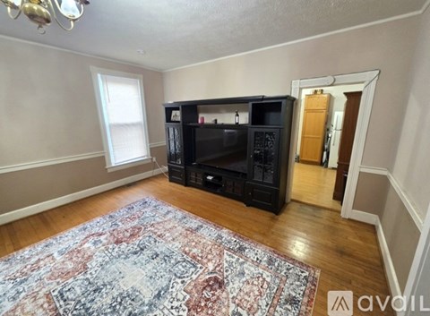 A room with a rug on the floor and a television set on a stand.