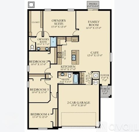 A floor plan of a house with a cafe and four bedrooms.