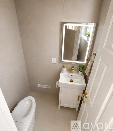 A bathroom with a toilet, sink, and mirror.
