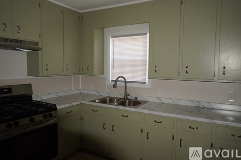 A kitchen with green cabinets and a stove top oven.