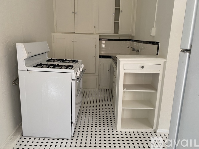 A small kitchen with a white stove and a white fridge.