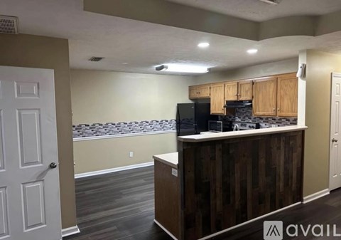 A kitchen area with a counter and cabinets.