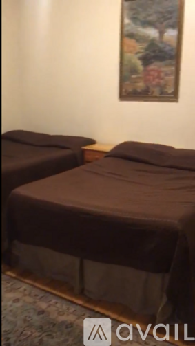 Two beds with brown covers in a room.