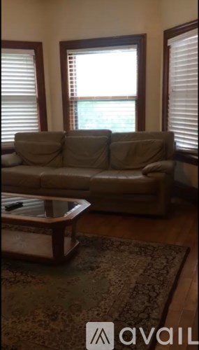 A living room with a couch, a coffee table and a rug.