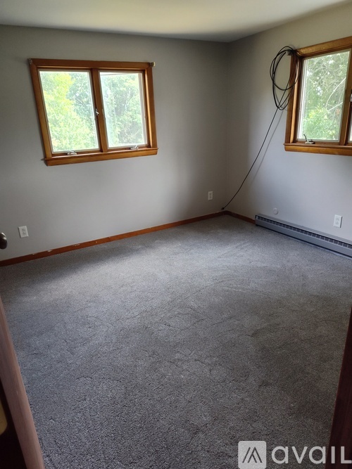 A room with a carpeted floor and two windows.