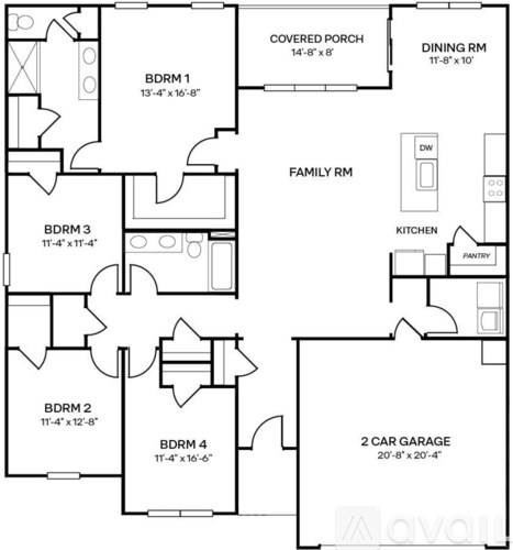 A black and white image of a house floor plan with a covered porch, dining room, family room, kitchen, pantry, and two car garage.