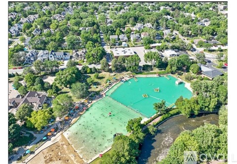 An aerial view of a neighborhood with a green swimming pool in the foreground.