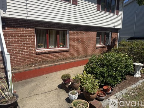 A variety of potted plants are arranged in front of a brick house.