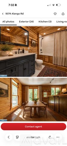 A wooden cabin with a dining table and chairs.