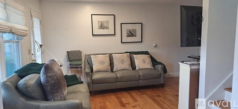 A living room with a grey couch and a green throw on it.