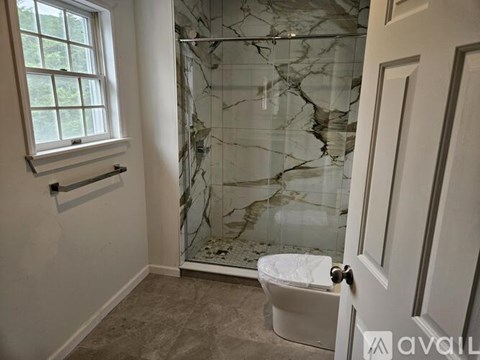 A bathroom with a marble shower and toilet.